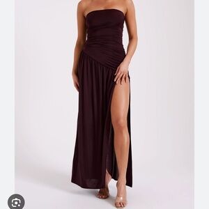 Meshki Strapless Ruched Maxi Dress in Deep Plum